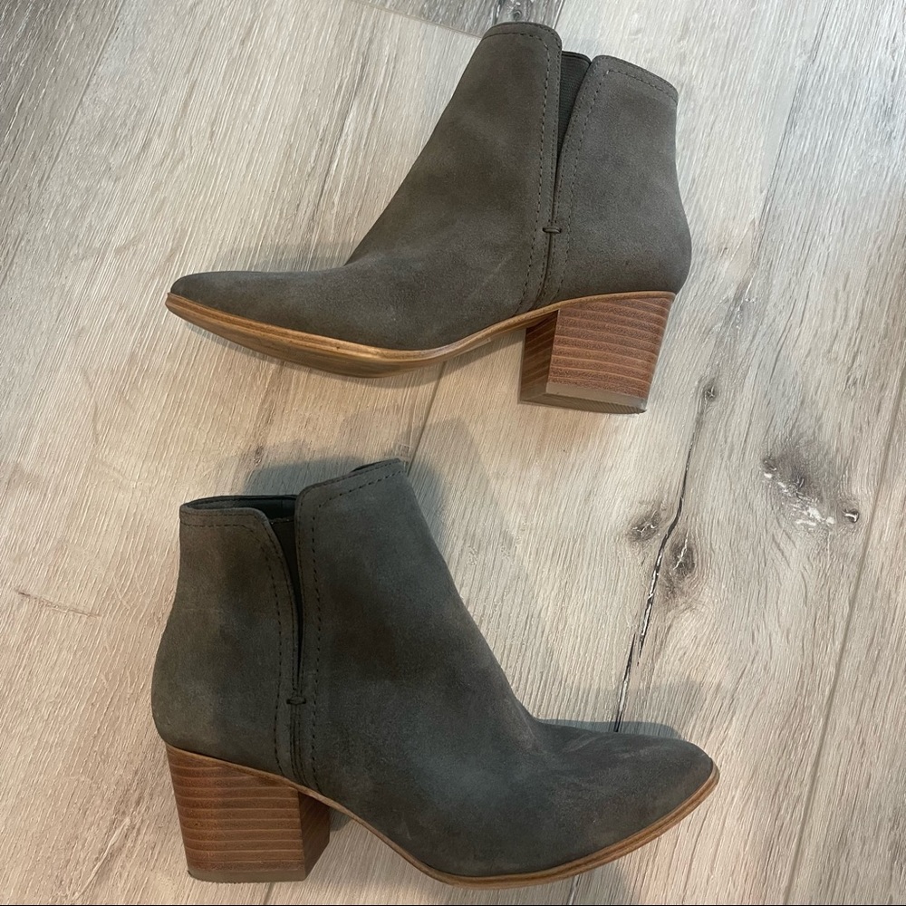 Also gray/green suede slip on ankle booties size 8